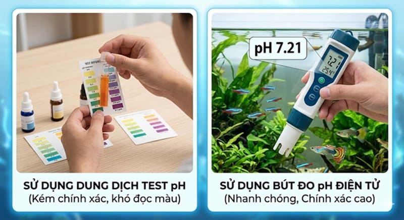 So sánh sự khác biệt giữa việc sử dụng dung dịch test pH truyền thống và bút đo pH điện tử hiện đại về độ chính xác