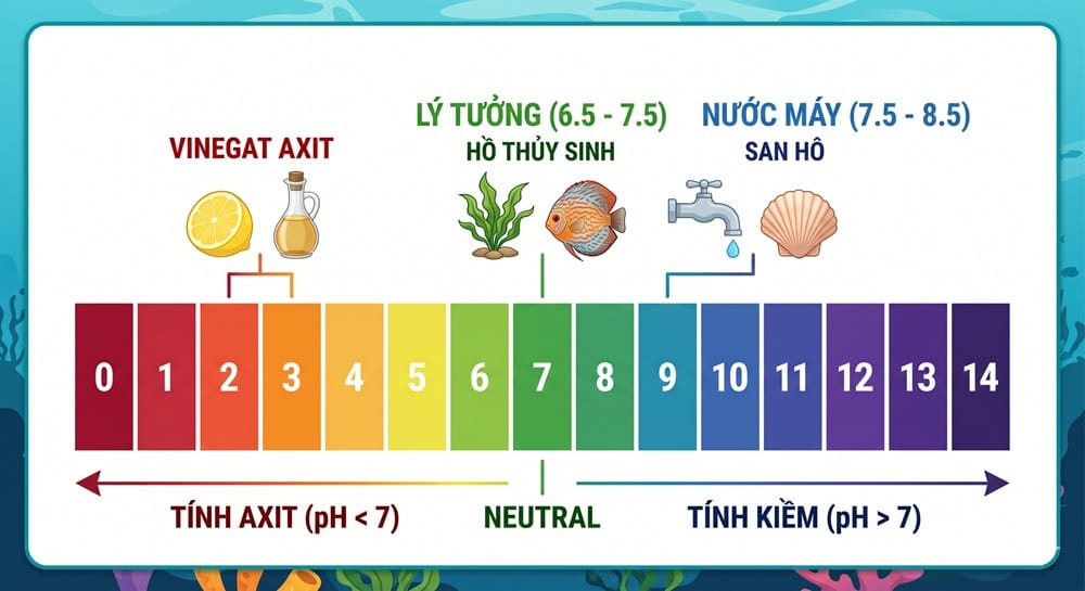 Bảng thang đo độ pH từ 0 đến 14 và khoảng pH lý tưởng cho hồ cá thủy sinh từ 6.5 đến 7.5