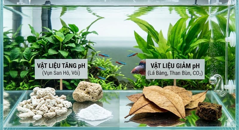 Các loại vật liệu tự nhiên giúp điều chỉnh pH như vụn san hô để tăng pH và lá bàng khô, than bùn, khí CO2 để giảm pH hồ cá