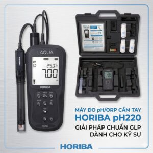 Trọn bộ máy đo pH/ORP cầm tay Horiba LAQUA pH220 gồm máy đo với đầu dò đang gắn và vali đựng chứa đầy đủ phụ kiện, dung dịch chuẩn