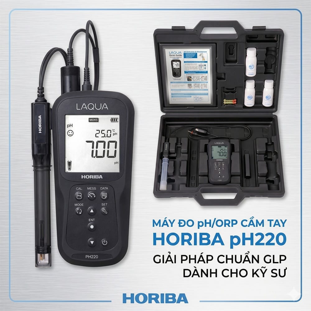 Trọn bộ máy đo pH/ORP cầm tay Horiba LAQUA pH220 gồm máy đo với đầu dò đang gắn và vali đựng chứa đầy đủ phụ kiện, dung dịch chuẩn
