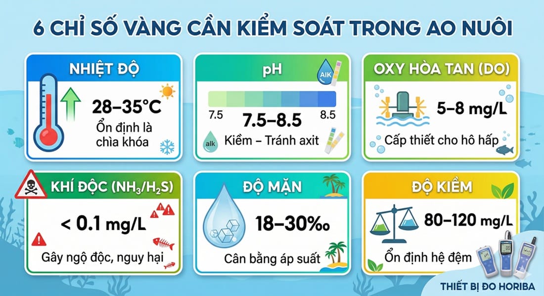 Infographic hướng dẫn 6 chỉ số môi trường nước quan trọng trong nuôi trồng thủy sản gồm pH, nhiệt độ, oxy hòa tan, độ mặn, độ kiềm và khí độc