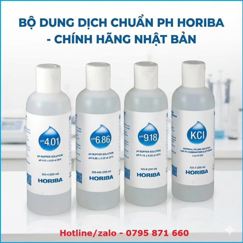 Bộ dung dịch chuẩn pH Horiba chính hãng Nhật Bản gồm pH 4.01, 6.86, 9.18 và dung dịch ngâm điện cực KCl