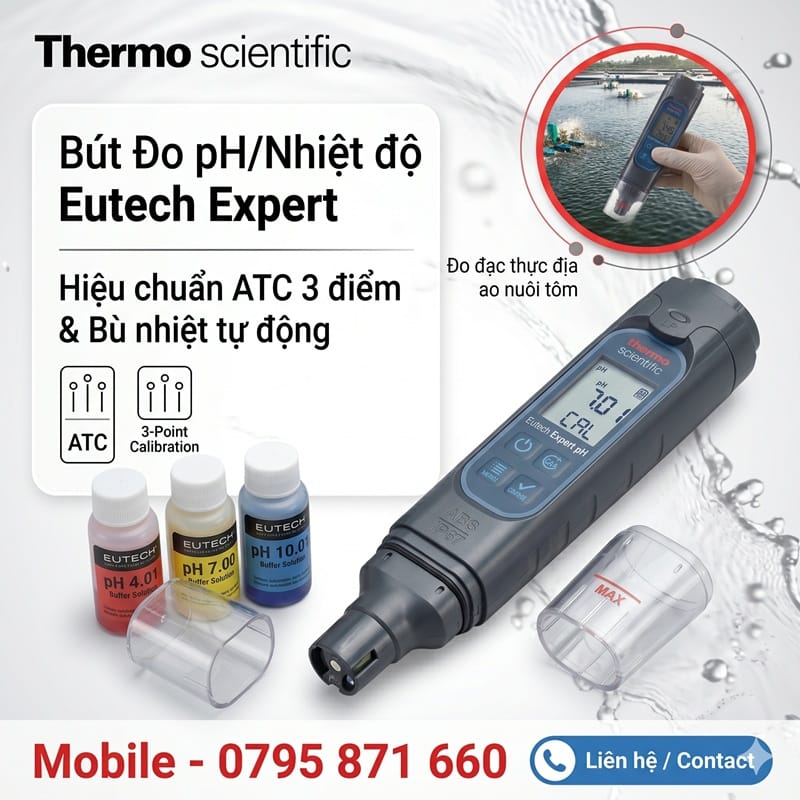Bút đo pH và nhiệt độ Expert Eutech chính hãng hiển thị cùng dung dịch hiệu chuẩn 3 điểm tự động. Hình ảnh minh họa ứng dụng đo đạc thực địa tại ao nuôi tôm