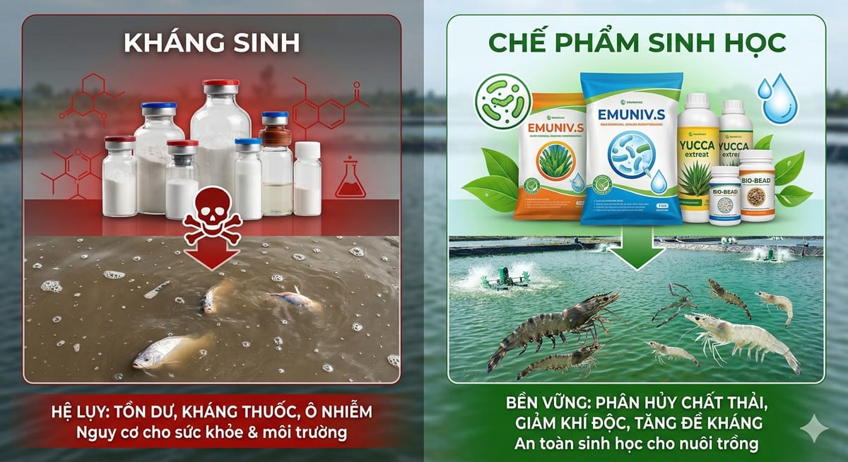 Bảng so sánh tác hại của việc lạm dụng kháng sinh gây ô nhiễm và lợi ích bền vững khi sử dụng chế phẩm sinh học EMUNIV.S, Yucca cho ao nuôi