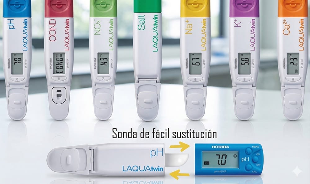 Một dòng gồm 6 mẫu bút đo ion chọn lọc (ISE) Horiba LAQUAtwin khác nhau, hiển thị rõ nồng độ ion kỹ thuật số cho Nitrat (NO3-), Kali (K+), Canxi (Ca2+), Natri (Na+), độ dẫn điện (COND) và pH. Mỗi bút đo có một mã màu riêng và đang hiển thị dữ liệu đo thực tế trên màn hình LCD