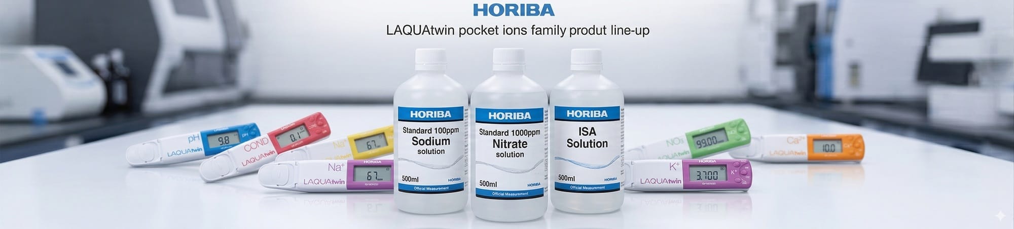 Bộ bút đo ion cầm tay Horiba LAQUAtwin xếp hàng cùng dung dịch chuẩn