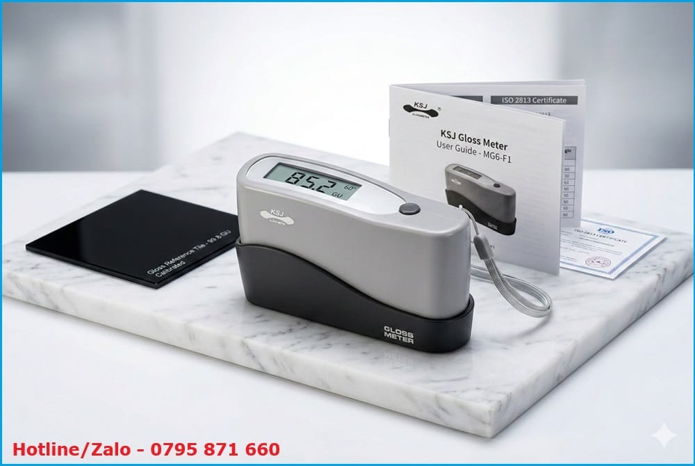 Ảnh sản phẩm chất lượng cao của máy đo độ bóng kỹ thuật số KSJ MG6-F1 đang hiển thị kết quả đo 60.0 GU, đặt trong môi trường phòng thí nghiệm kiểm soát chất lượng.