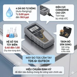 Các tính năng nổi bật của máy đo TDS cầm tay Eutech TDS 6 Plus dải đo tự động và bù nhiệt ATC
