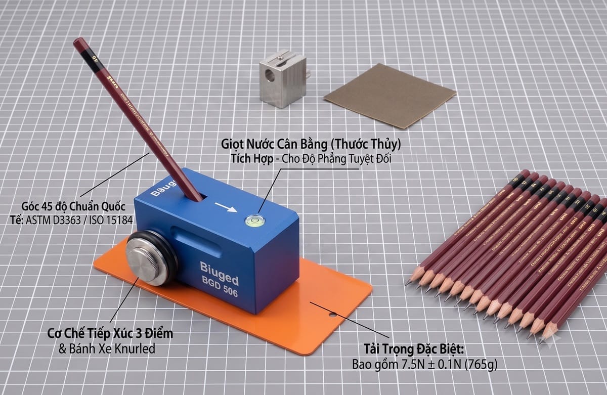 Cấu tạo chi tiết máy đo độ cứng màng sơn bằng bút chì Biuged BGD 506 kèm các phụ kiện như giấy nhám, gọt bút chì và bộ bút chì thử nghiệm. Ảnh có chú thích rõ vị trí giọt nước cân bằng, cơ chế tiếp xúc 3 điểm và góc đâm xuyên 45 độ