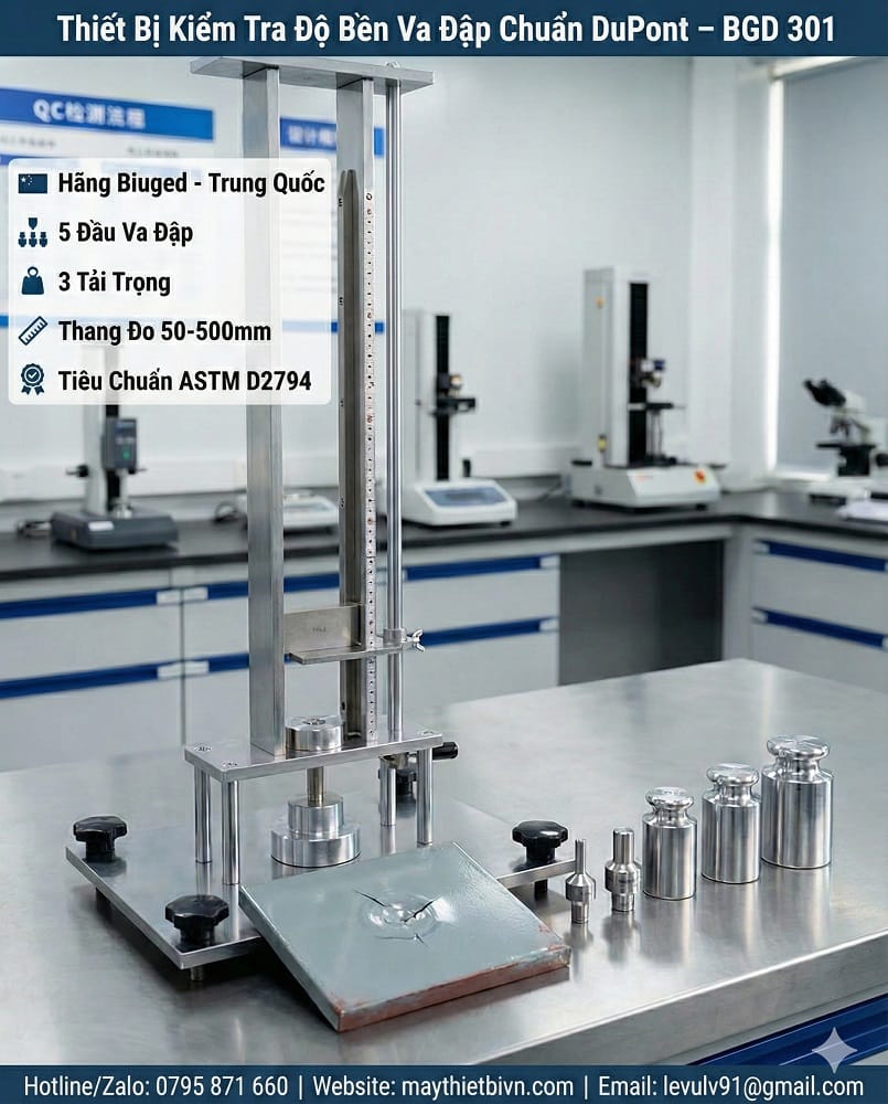 Cấu tạo thiết bị kiểm tra độ bền va đập DuPont BGD 301 với 5 đầu va đập, 3 tải trọng và thang đo chiều cao 50–500 mm theo ASTM D2794.