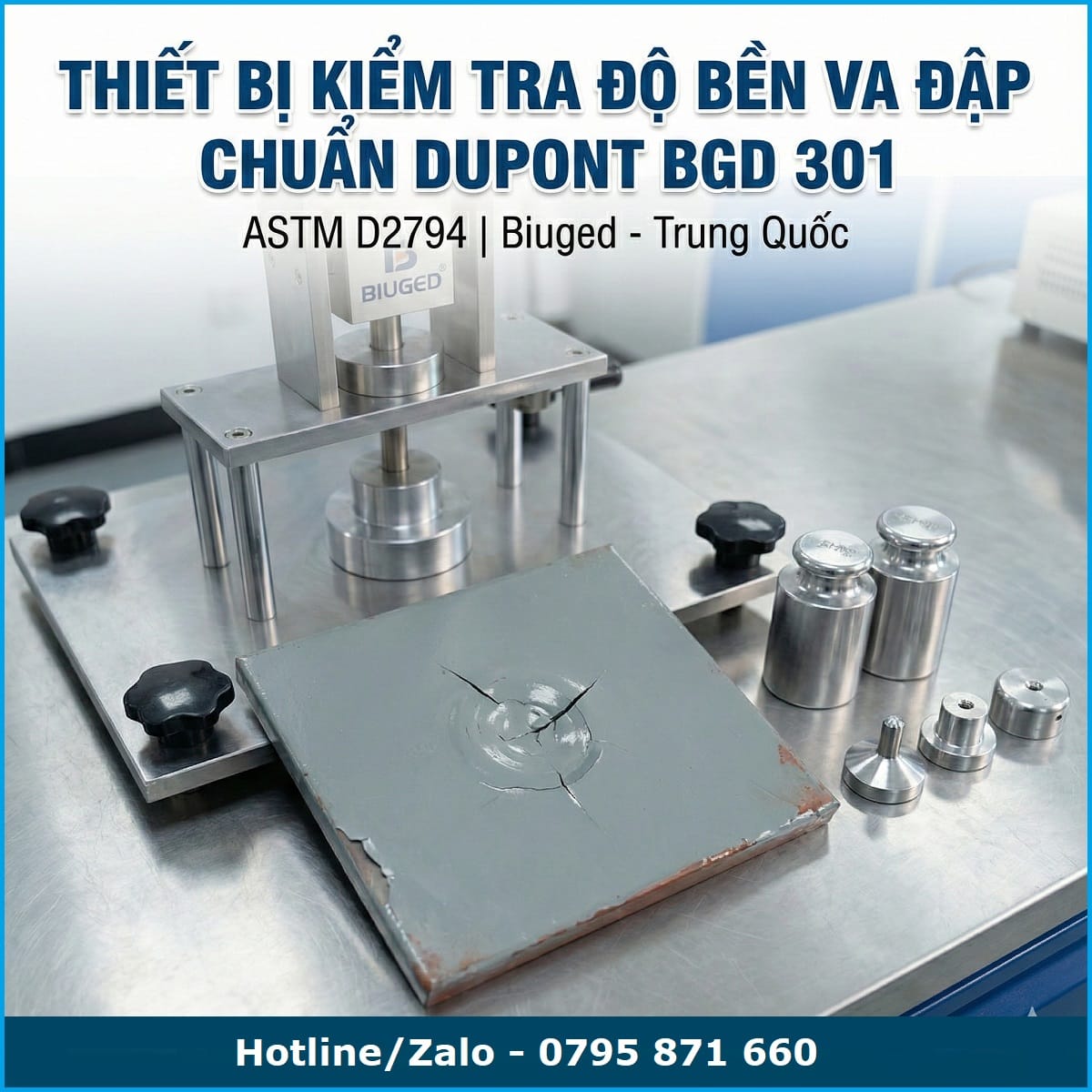 Máy kiểm tra độ bền va đập chuẩn DuPont BGD 301 hãng Biuged, gồm khung máy, đầu va đập và quả tải, đáp ứng tiêu chuẩn ASTM D2794.