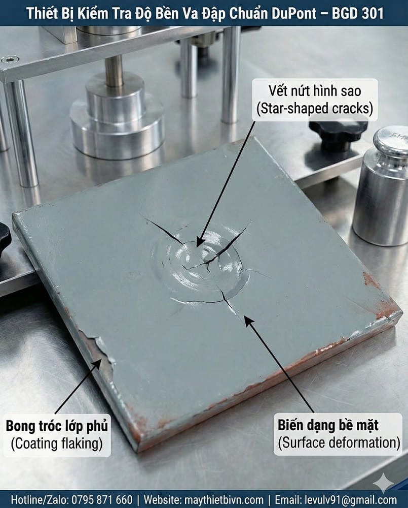 Thiết bị kiểm tra độ bền va đập chuẩn DuPont BGD 301 cho thấy vết nứt hình sao, bong tróc lớp phủ và biến dạng bề mặt sau thử nghiệm va đập sơn