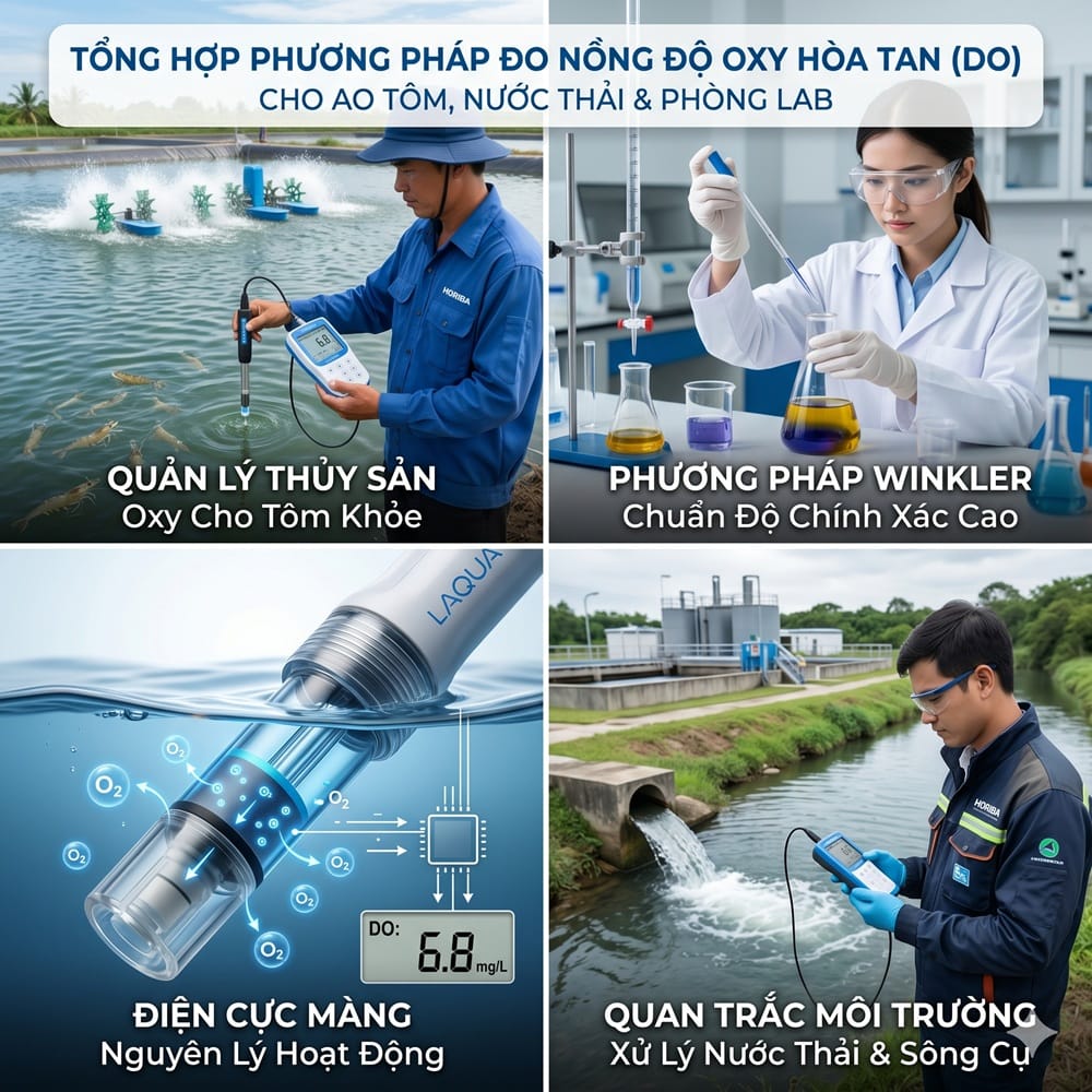 Hình ảnh tổng hợp các ứng dụng đo nồng độ oxy hòa tan (DO) bao gồm: quản lý thủy sản ao tôm, phương pháp chuẩn độ Winkler phòng lab, nguyên lý điện cực màng và quan trắc môi trường nước thải