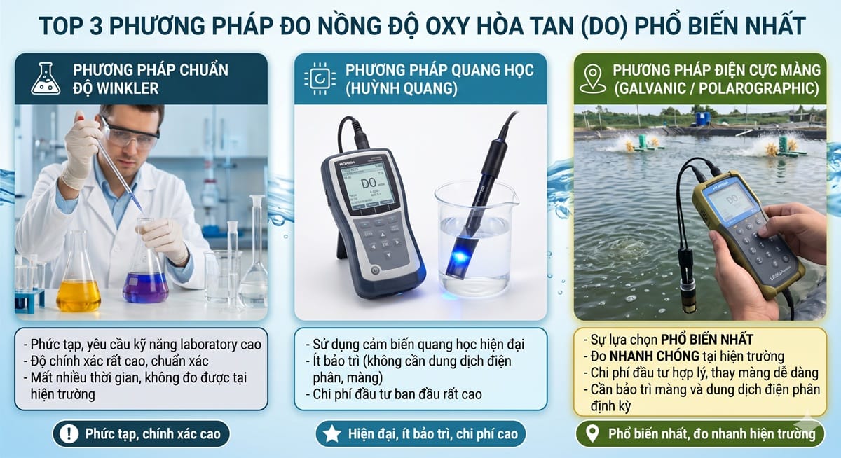 Infographic so sánh top 3 phương pháp đo nồng độ oxy hòa tan (DO) phổ biến nhất: phương pháp chuẩn độ Winkler (chính xác cao), phương pháp quang học (hiện đại) và phương pháp điện cực màng (phổ biến nhất đo hiện trường)