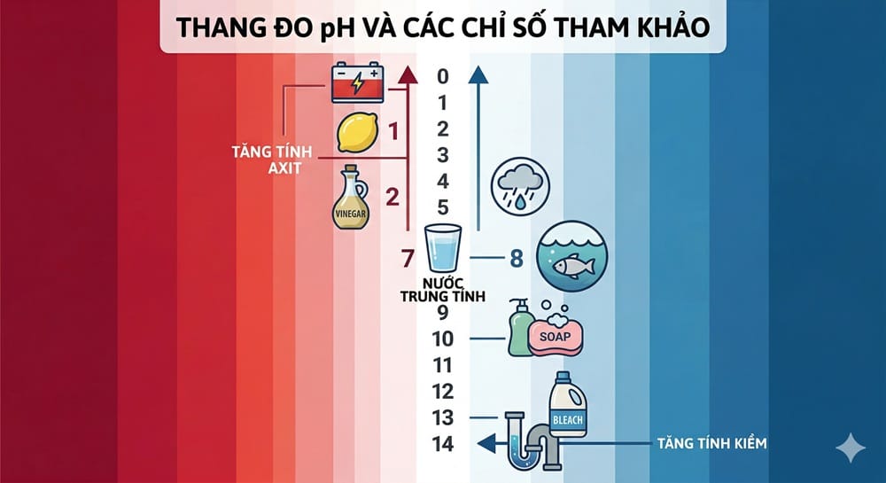 Sơ đồ trực quan về bảng thang đo độ pH từ 0 đến 14 và các chỉ số tham khảo của môi trường axit, trung tính và kiềm
