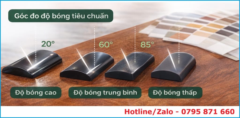 Các góc đo độ bóng tiêu chuẩn 20 độ, 60 độ và 85 độ dùng trong máy đo độ bóng bề mặt gỗ và vật liệu