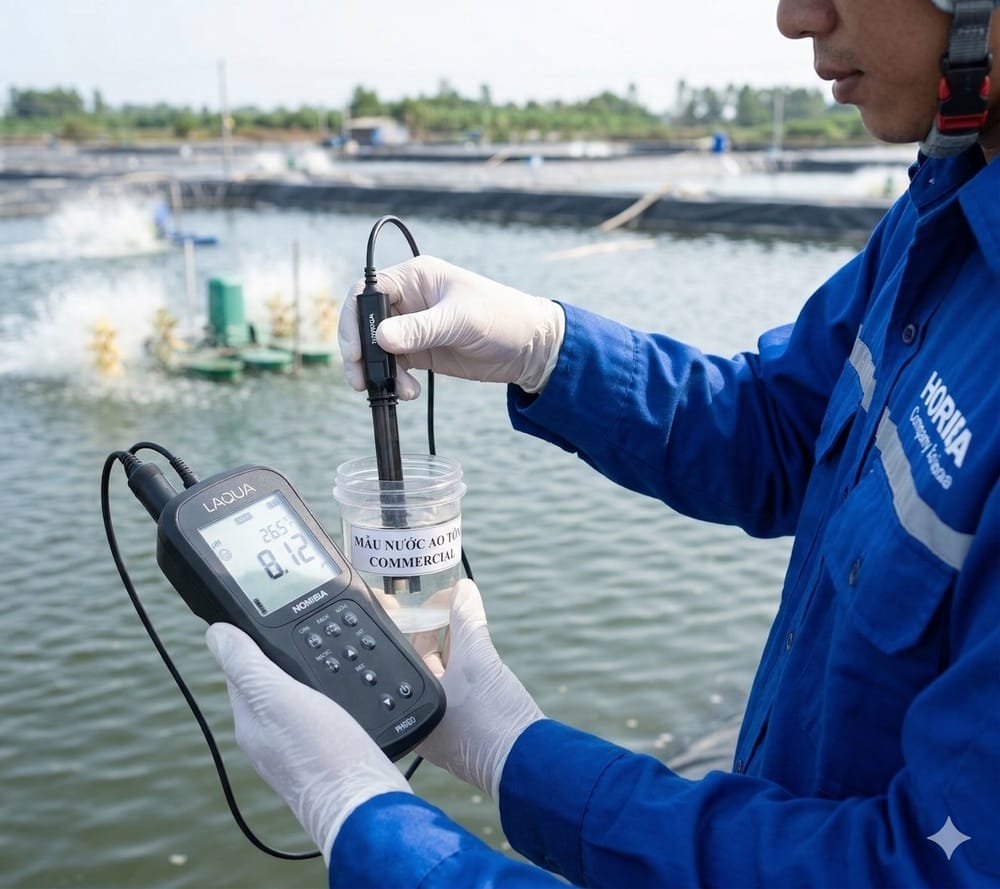 Kỹ sư đang thực hiện cách đo độ pH chuẩn xác cho mẫu nước ao tôm thương mại bằng máy đo pH điện tử cầm tay Horiba