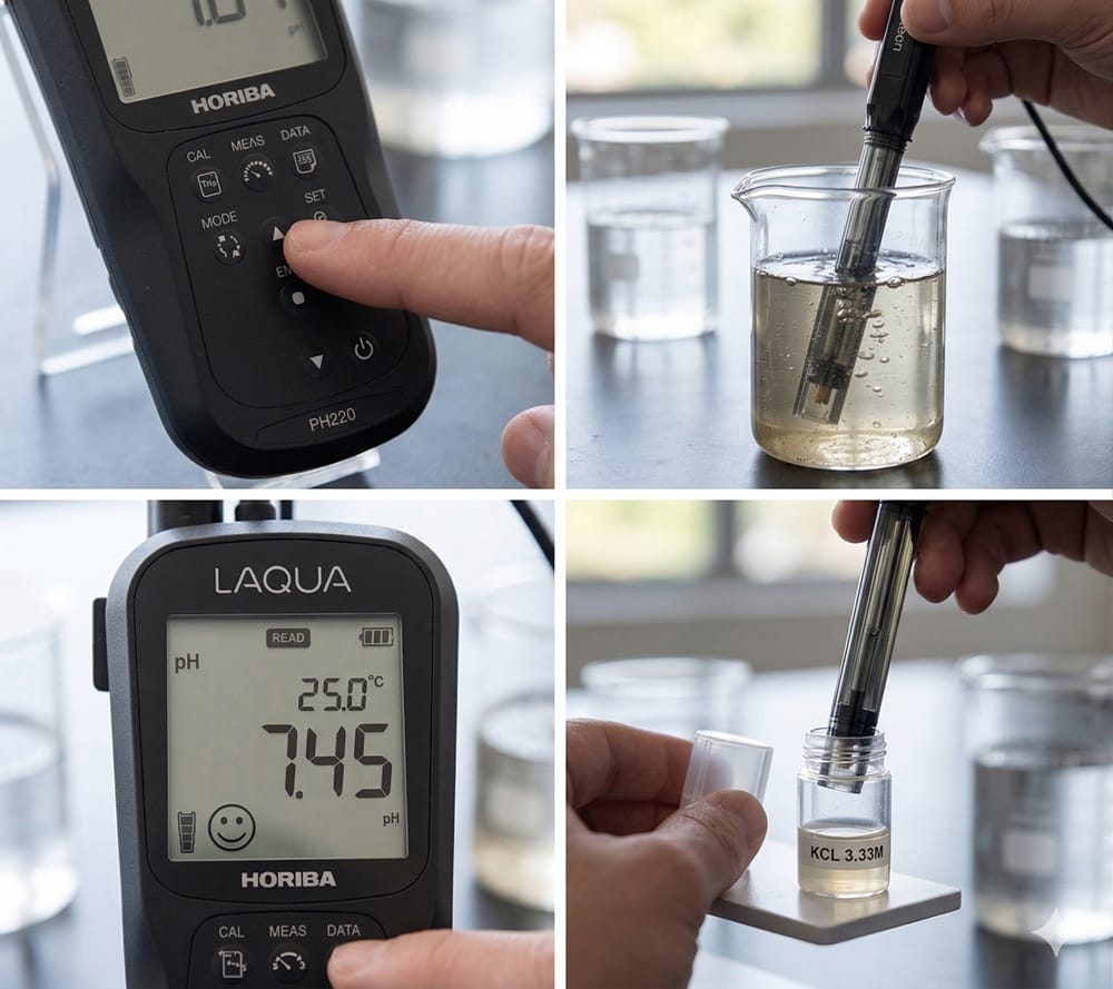 Hướng dẫn chi tiết 4 bước thao tác sử dụng máy đo độ pH điện tử: bấm nút hiệu chuẩn, nhúng điện cực đo mẫu, đọc kết quả hiển thị và bảo quản điện cực trong dung dịch KCL