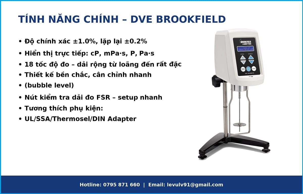 tính năng chính của máy đo độ nhớt Brookfield DVE – độ chính xác ±1%, 18 tốc độ đo, dễ sử dụng