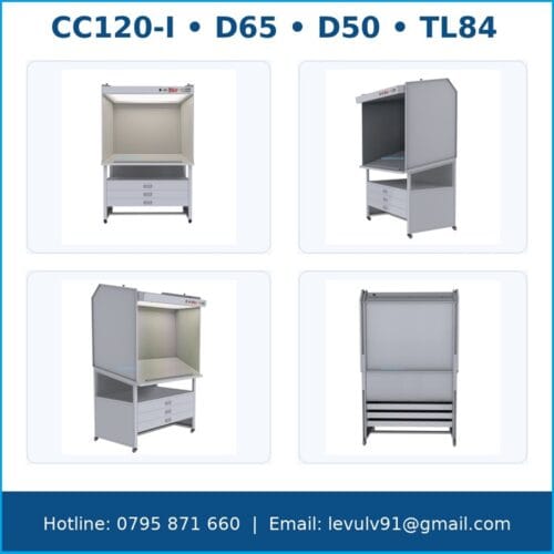 CC120-I – 4 góc nhìn sản phẩm: mặt trước, góc nghiêng, tổng thể, mặt sau; nguồn sáng D65/D50/TL84