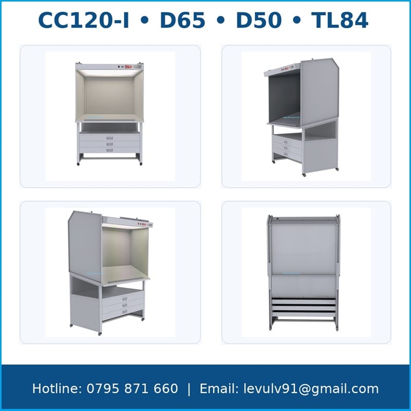CC120-I – 4 góc nhìn sản phẩm: mặt trước, góc nghiêng, tổng thể, mặt sau; nguồn sáng D65/D50/TL84