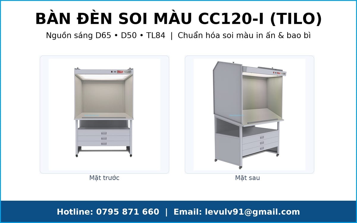 Bàn đèn soi màu CC120-I (TILO) với nguồn sáng D65/D50/TL84, hiển thị mặt trước và mặt sau
