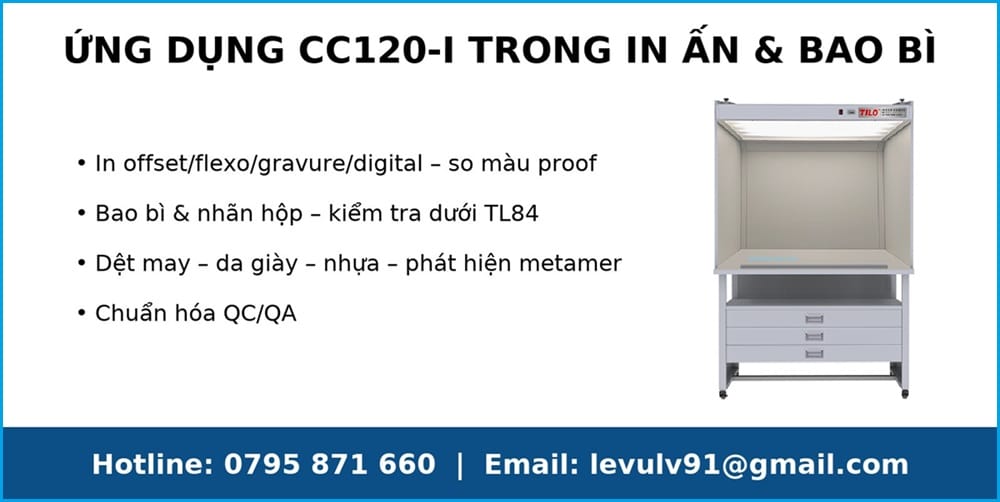 Ứng dụng CC120-I trong in ấn & bao bì: so màu proof, kiểm tra dưới TL84, chuẩn hóa QC/QA