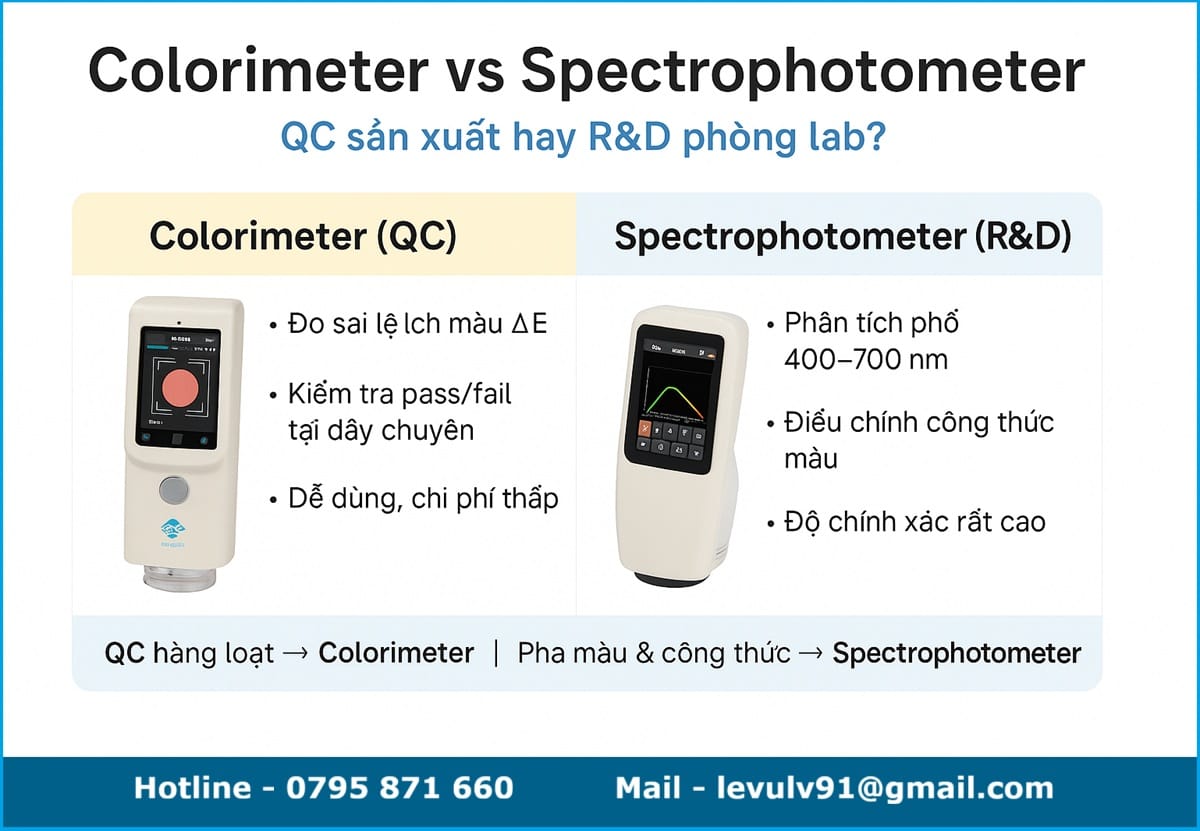 So sánh colorimeter và spectrophotometer: colorimeter dùng cho QC sản xuất kiểm tra pass/fail ΔE, spectrophotometer dùng cho R&D phân tích phổ 400-700 nm và pha màu chính xác