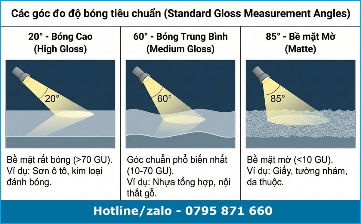 Hướng dẫn chọn góc đo độ bóng tiêu chuẩn: 20 độ cho bề mặt bóng cao, 60 độ trung bình và 85 độ cho bề mặt mờ
