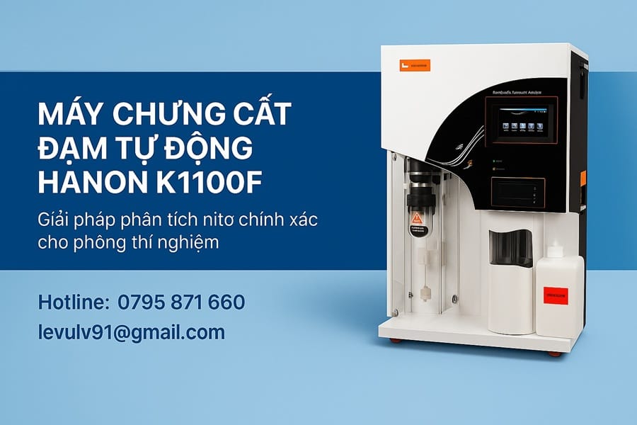 Banner giới thiệu máy chưng cất đạm tự động HANON K1100F với thông tin liên hệ và hình ảnh thiết bị trong phòng thí nghiệm.