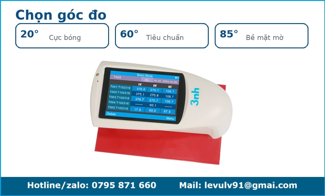 NHG268 chọn góc đo 20°, 60°, 85° cho bề mặt bóng cao đến mờ