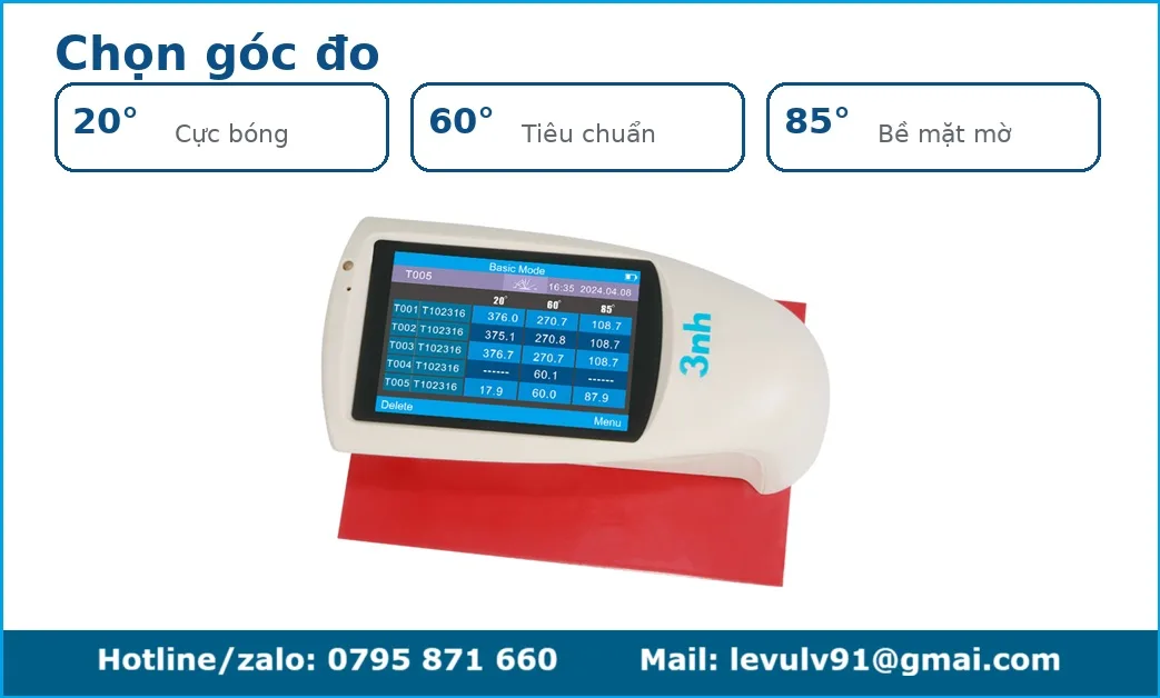 NHG268 chọn góc đo 20°, 60°, 85° cho bề mặt bóng cao đến mờ