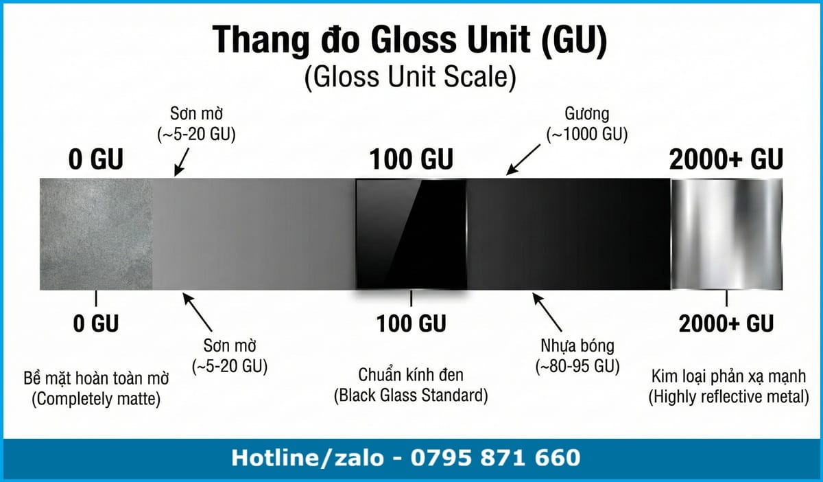 Thang đo đơn vị độ bóng Gloss Unit (GU) từ bề mặt mờ đến bóng gương và chuẩn kính đen