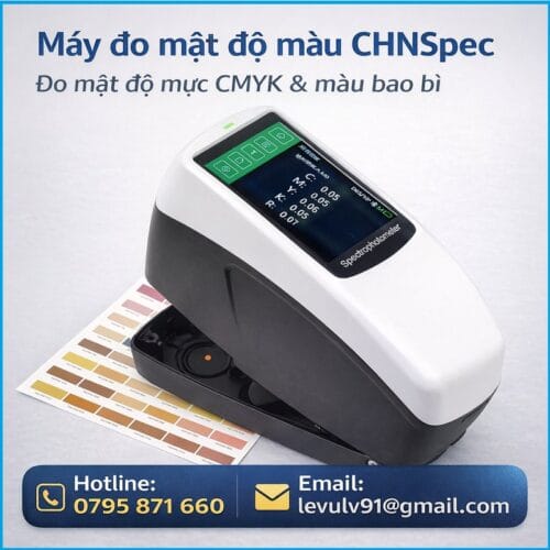Máy đo mật độ màu và màu bao bì CHNSpec đang hoạt động trên bảng màu, màn hình hiển thị kết quả CMYK và Lab.