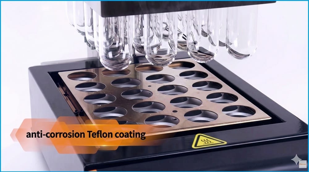 Block gia nhiệt máy phá mẫu Hanon được phủ lớp Teflon cao cấp chống ăn mòn axit.