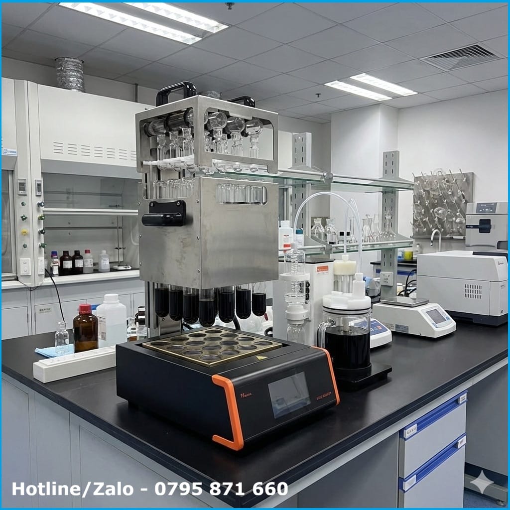 Máy phá mẫu Hanon SH520 màu đen cam kết nối bộ trung hòa khí thải S403 với giá nâng hạ tự động