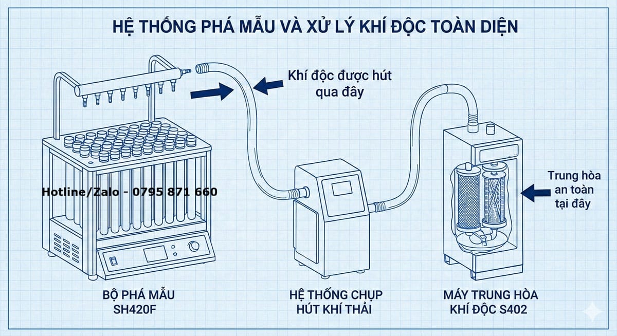 Sơ đồ kỹ thuật hệ thống phá mẫu Kjeldahl trọn bộ gồm máy SH420F, bộ chụp hút và máy trung hòa khí độc S402.
