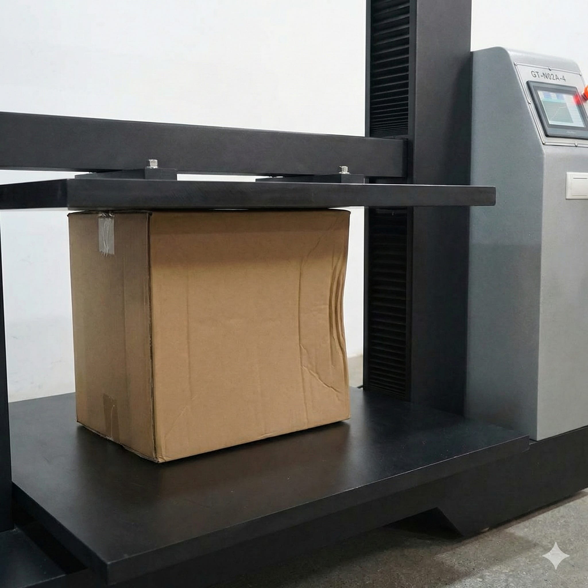 Cận cảnh quá trình kiểm tra độ bền nén của thùng carton trên máy GT-N02A, cho thấy thùng bị biến dạng dưới lực ép của bàn nén