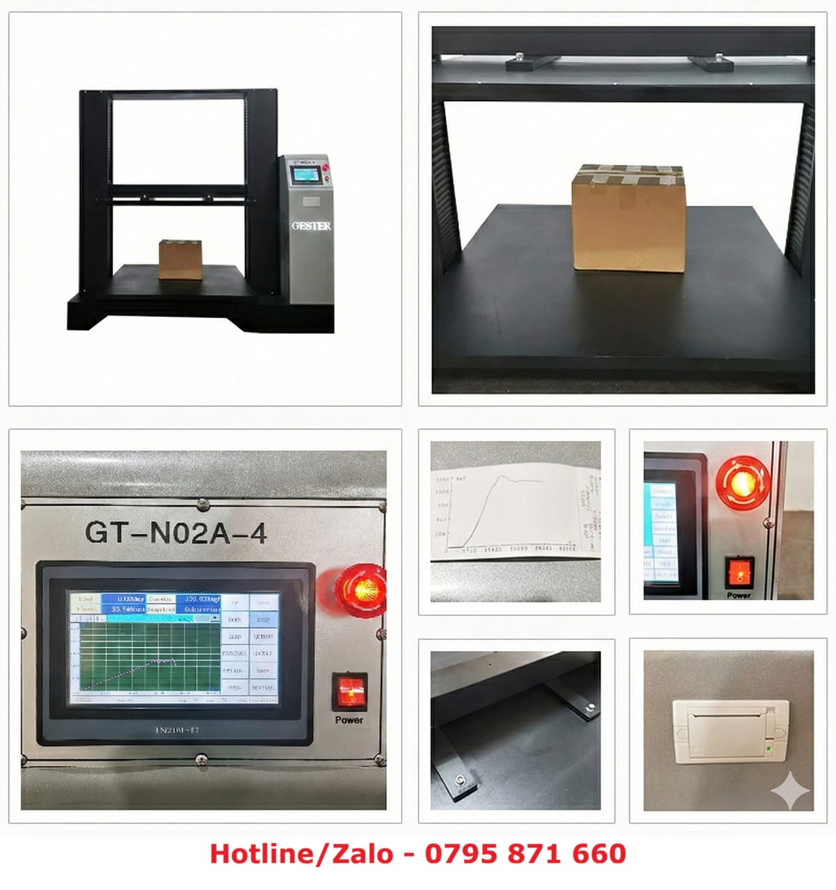 Tổng quan cấu tạo máy nén thùng carton GT-N02A gồm màn hình, máy in và khung máy chắc chắn