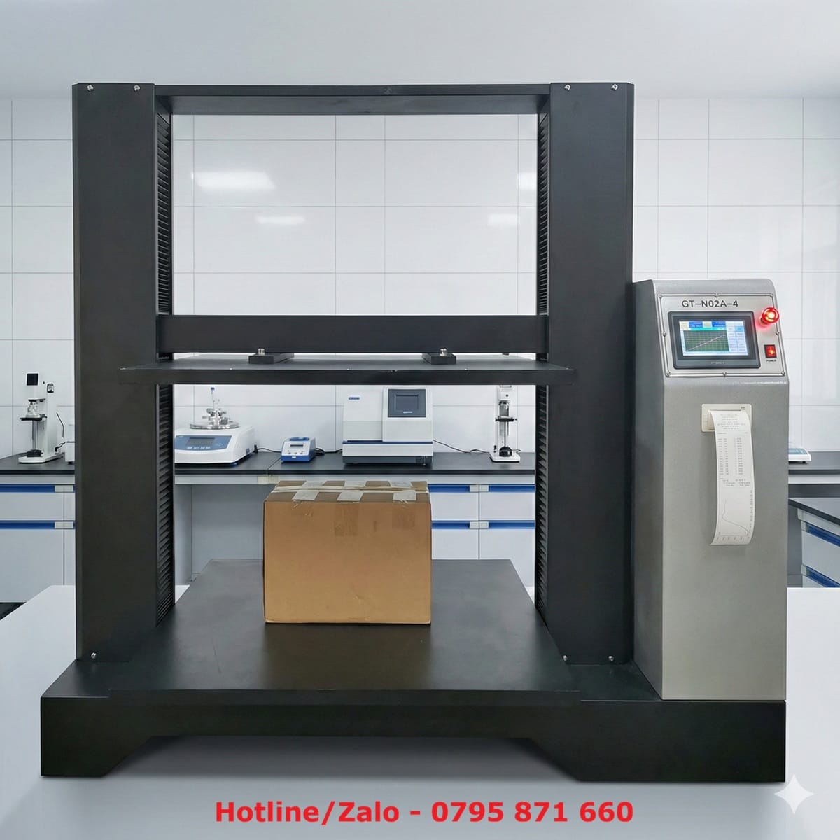 Máy thử độ nén thùng carton GT-N02A được lắp đặt và chuẩn bị vận hành trong không gian phòng thí nghiệm hiện đại, chuyên nghiệp
