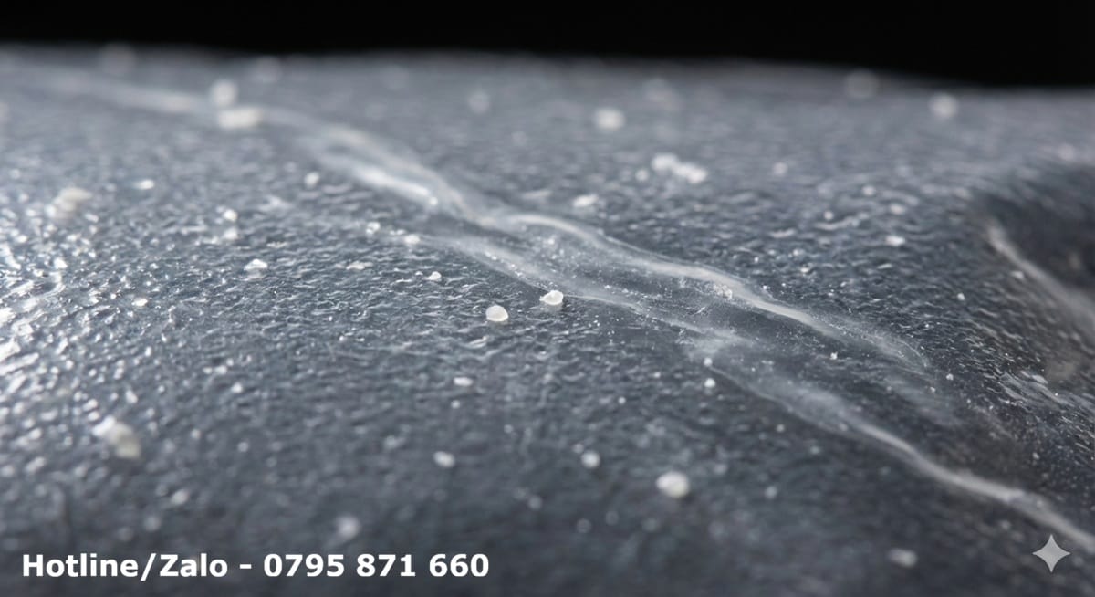 Ảnh chụp macro phóng đại bề mặt màng nhựa bị lỗi, lộ rõ các hạt phụ gia chưa tan và các vết sọc mờ khiến màng không trong suốt.