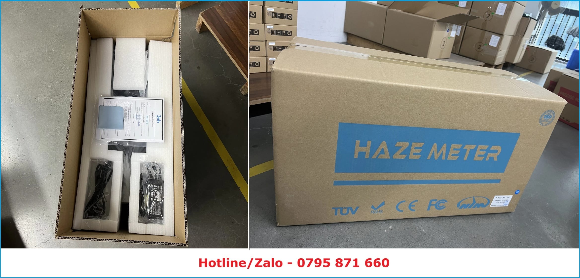 Quy cách đóng gói máy đo độ mờ Haze Meter 3nh YH1600 với đầy đủ phụ kiện và thùng carton tiêu chuẩn xuất xưởng