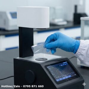 Kỹ thuật viên đang thao tác đo mẫu màng nhựa trong suốt trên máy đo độ mờ và truyền quang 3nh YH1600 trong phòng thí nghiệm