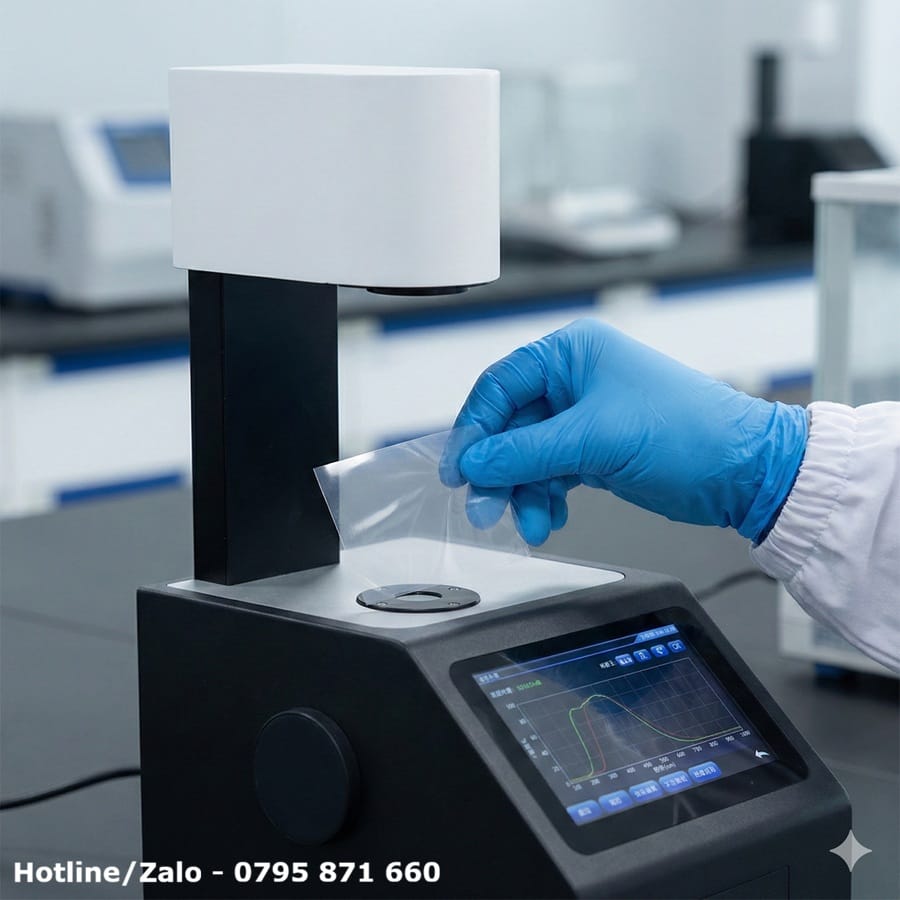 Kỹ thuật viên đang thao tác đo mẫu màng nhựa trong suốt trên máy đo độ mờ và truyền quang 3nh YH1600 trong phòng thí nghiệm