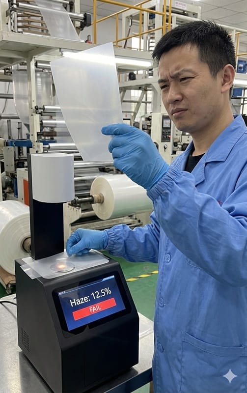 Kỹ thuật viên KCS đang so sánh mẫu màng nhựa bị đục bằng mắt thường và sử dụng máy đo độ mờ để bàn (Haze Meter) để xác định chính xác lỗi (màn hình báo FAIL).