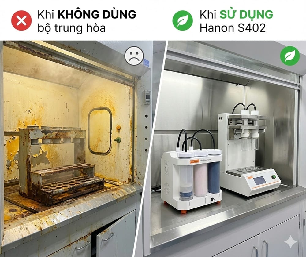So sánh thực tế: Tủ hút bị ăn mòn khi không dùng bộ xử lý khí và sự sạch sẽ an toàn khi sử dụng bộ trung hòa khí Hanon S402.