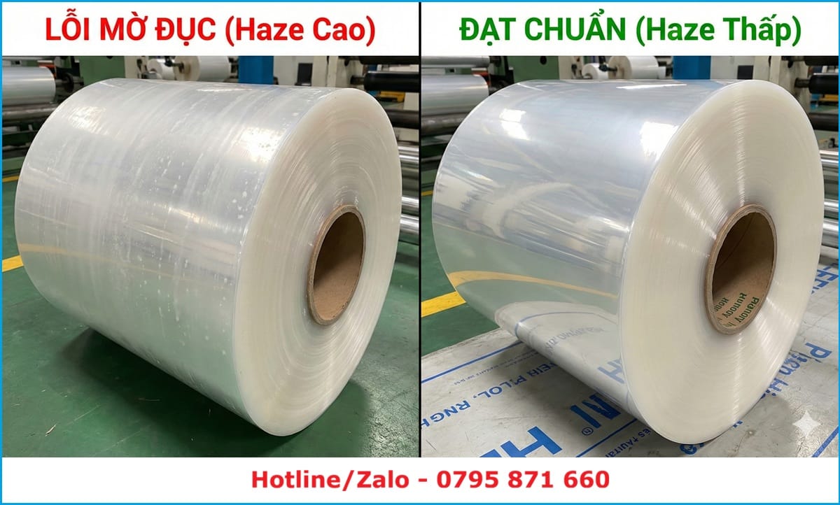 Hình ảnh so sánh trực quan tại xưởng sản xuất giữa cuộn màng nhựa PE bị lỗi mờ đục (Haze cao) bên trái và cuộn màng đạt chuẩn trong suốt (Haze thấp) bên phải