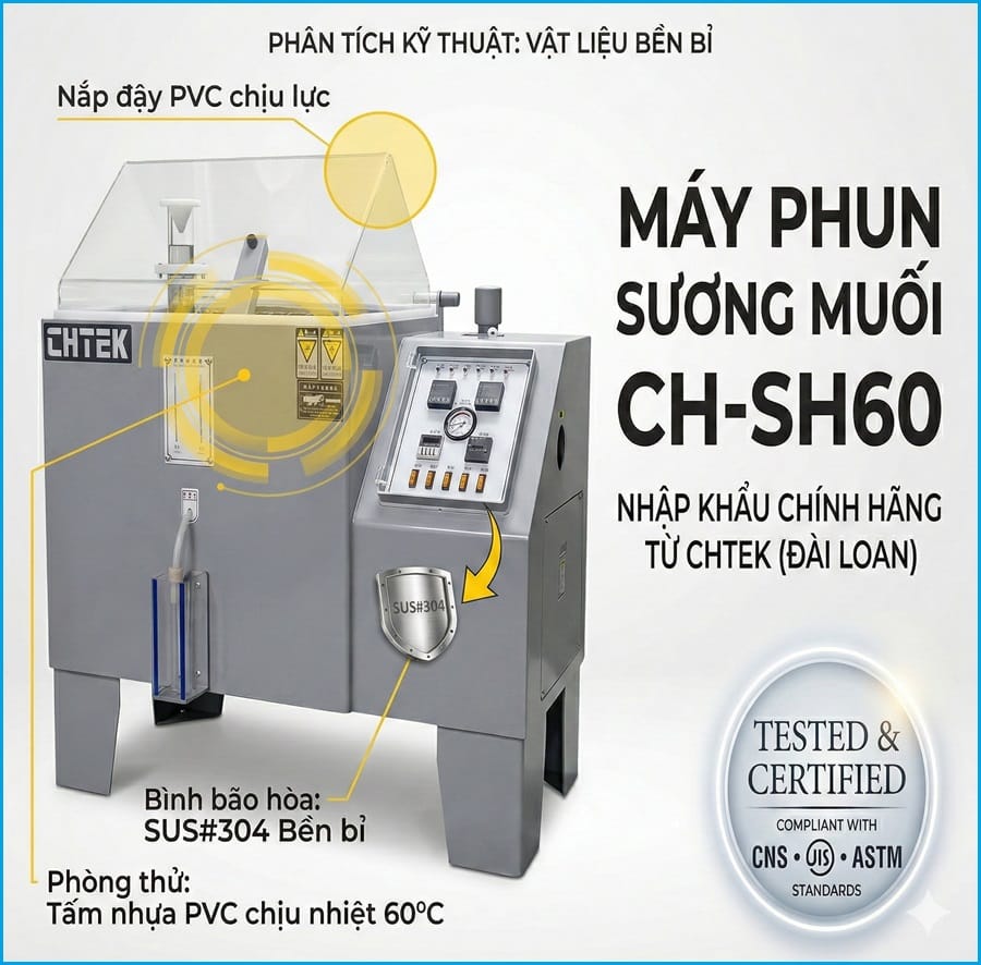 Phân tích cấu tạo vật liệu nhựa PVC và thép không gỉ SUS304 của máy phun sương muối CH-SH60