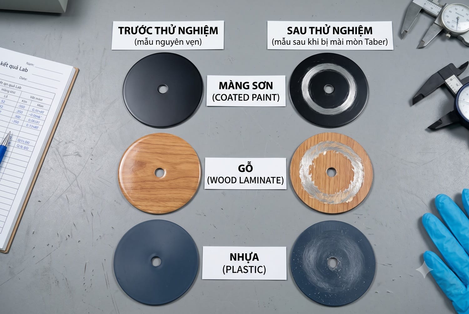 So sánh trước và sau khi thử nghiệm mài mòn Taber trên mẫu màng sơn, gỗ laminate và nhựa